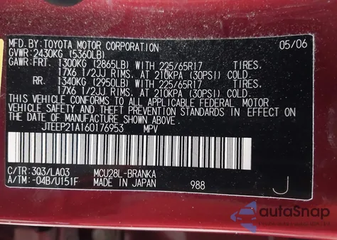 2006 Toyota Highlander Limited V6 from USA, damaged, VIN JTEEP21A160176953